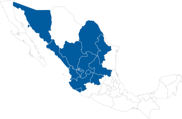 Occidente - Norte: Colima, Jalisco, Nayarit, Guanajuato, San Luis Potosí, Aguascalientes, Zacatecas,Nuevo León, Coahuila, Durango, Sinaloa y Sonora